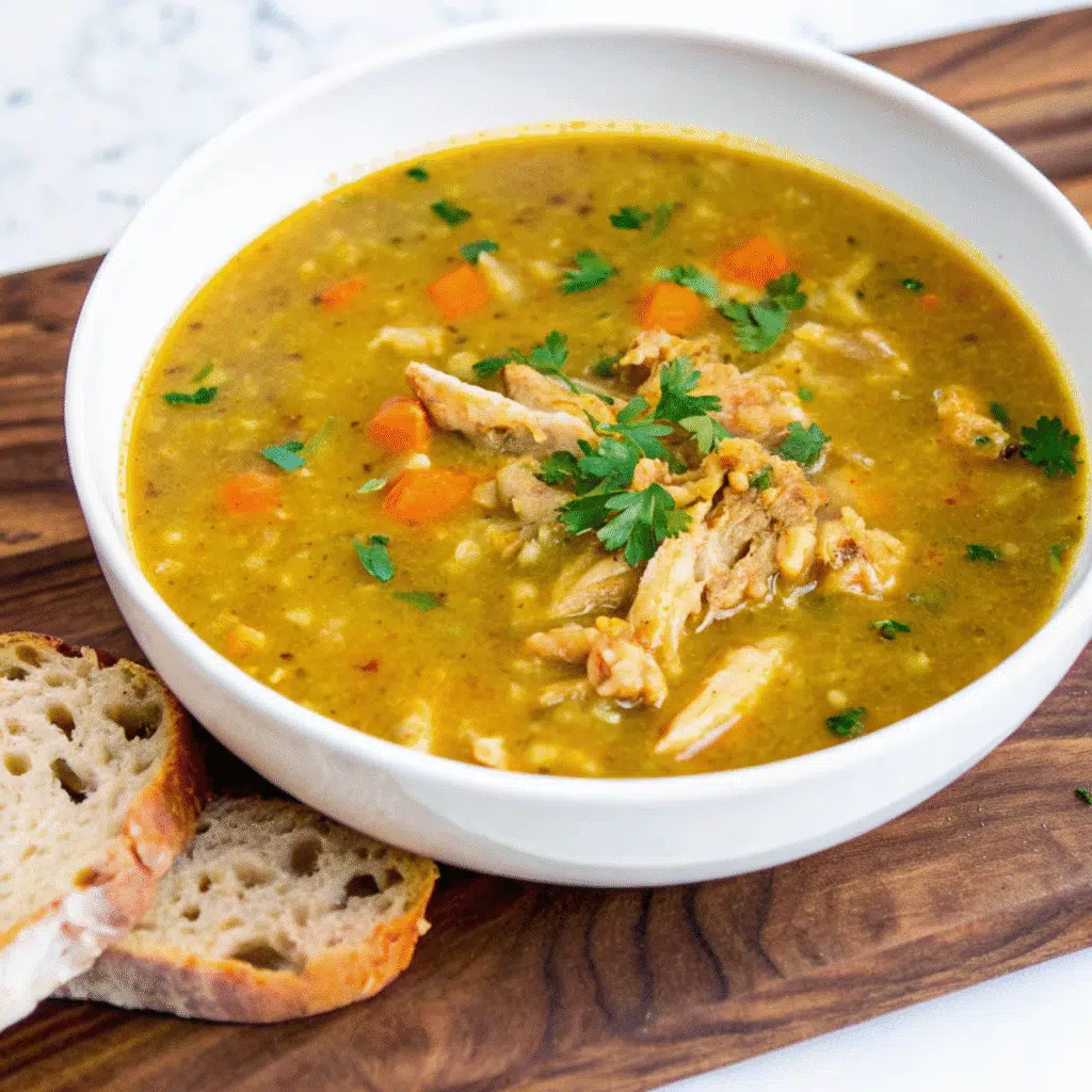 Cozy Chicken Lentil Soup 6 Bowl of chicken lentil soup with vegetables and fresh herbs