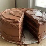Easy Chocolate Cake 5 Slice of rich chocolate cake with creamy frosting on a plate