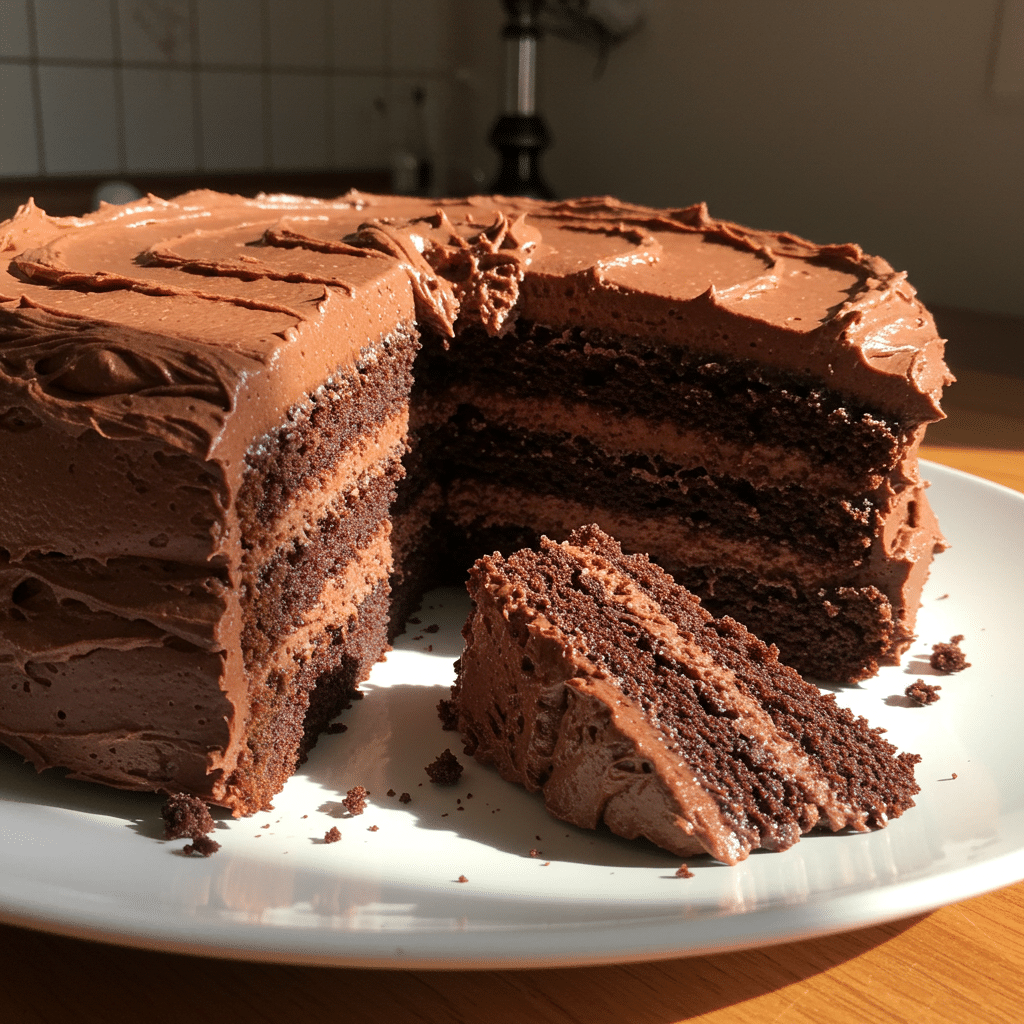 Slice of rich chocolate cake with creamy frosting on a plate