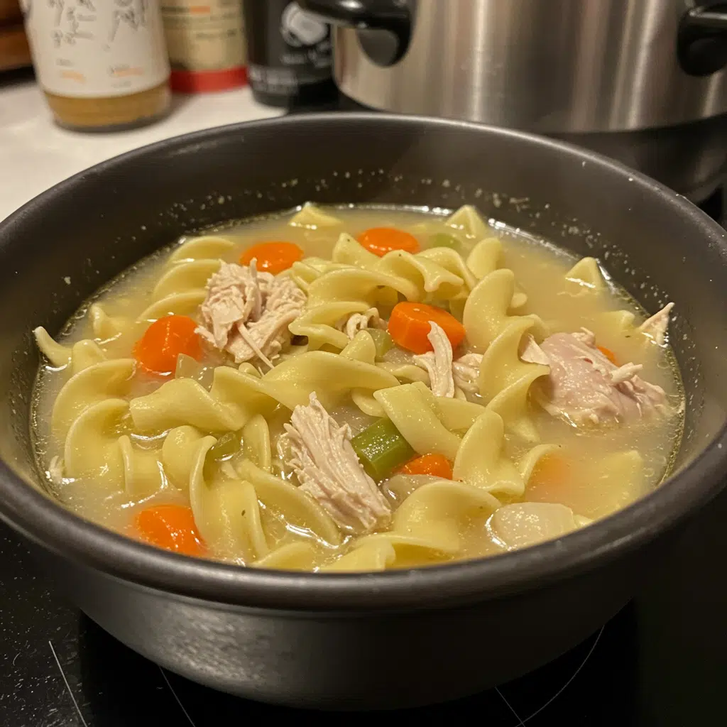 A steaming bowl of homemade crockpot chicken noodle soup with tender chicken, vegetables, and egg noodles in a rich golden broth, served with crackers on the side.