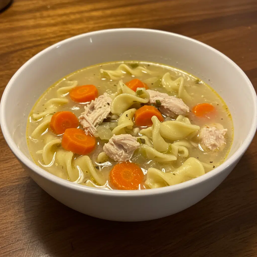 A steaming bowl of homemade crockpot chicken noodle soup with tender chicken, vegetables, and egg noodles in a rich golden broth, served with crackers on the side.