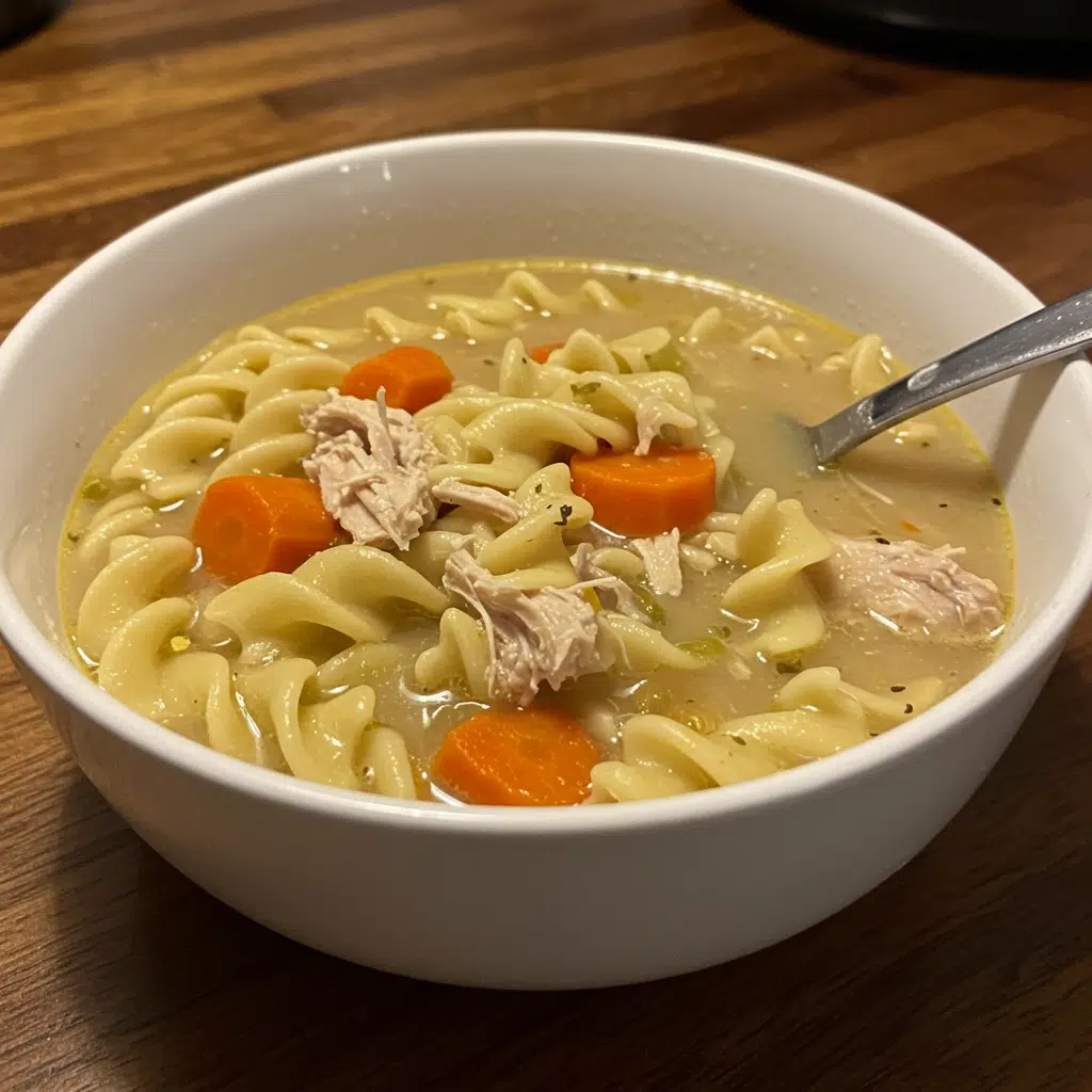 A steaming bowl of homemade crockpot chicken noodle soup with tender chicken, vegetables, and egg noodles in a rich golden broth, served with crackers on the side.