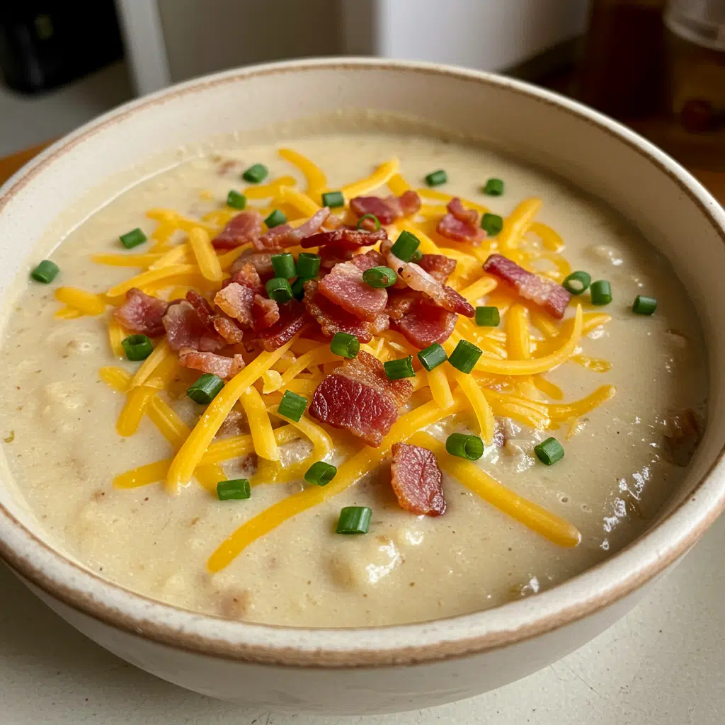 Loaded Baked Potato Soup 6 A creamy bowl of loaded baked potato soup topped with crispy bacon bits, shredded cheese, green onions, and a dollop of sour cream