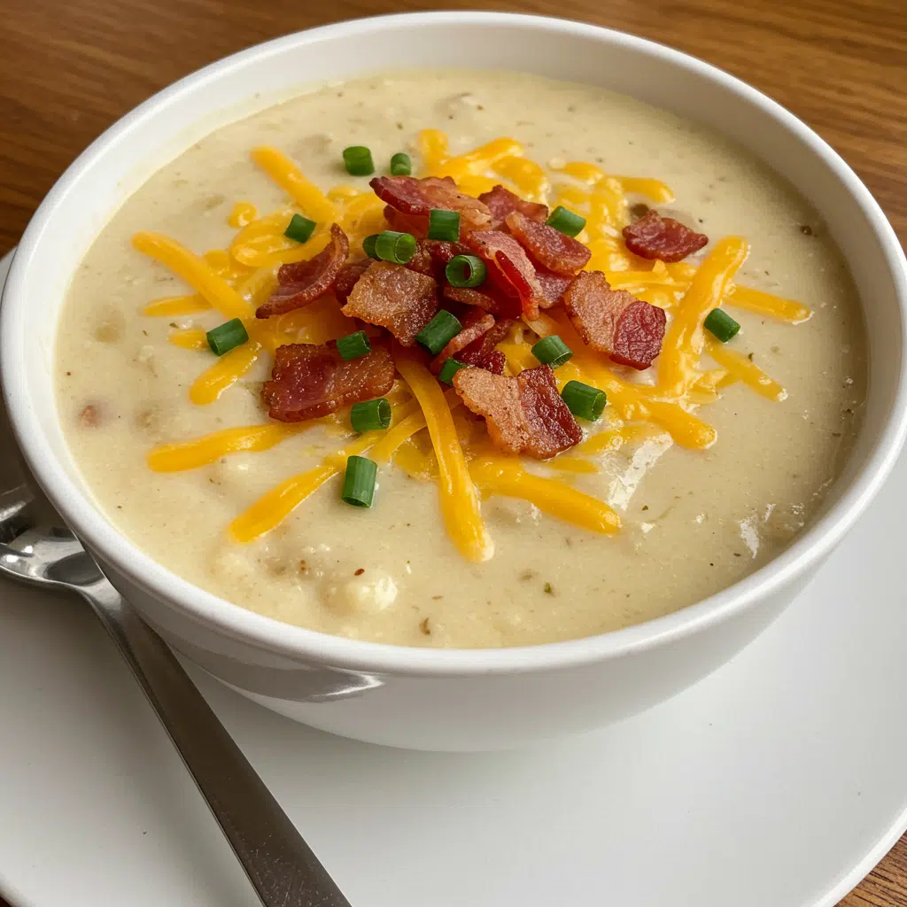 Home Page 31 A creamy bowl of loaded baked potato soup topped with crispy bacon bits, shredded cheese, green onions, and a dollop of sour cream