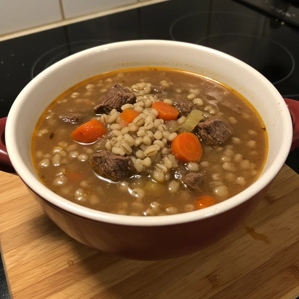 Home Page 30 A steaming bowl of hearty beef barley soup with chunks of tender beef, vegetables, and pearl barley in a rich brown broth, garnished with fresh parsley