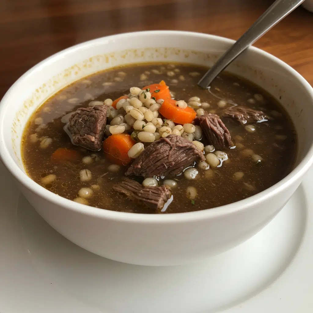 Hearty Beef Barley Soup 6 A steaming bowl of hearty beef barley soup with chunks of tender beef, vegetables, and pearl barley in a rich brown broth, garnished with fresh parsley