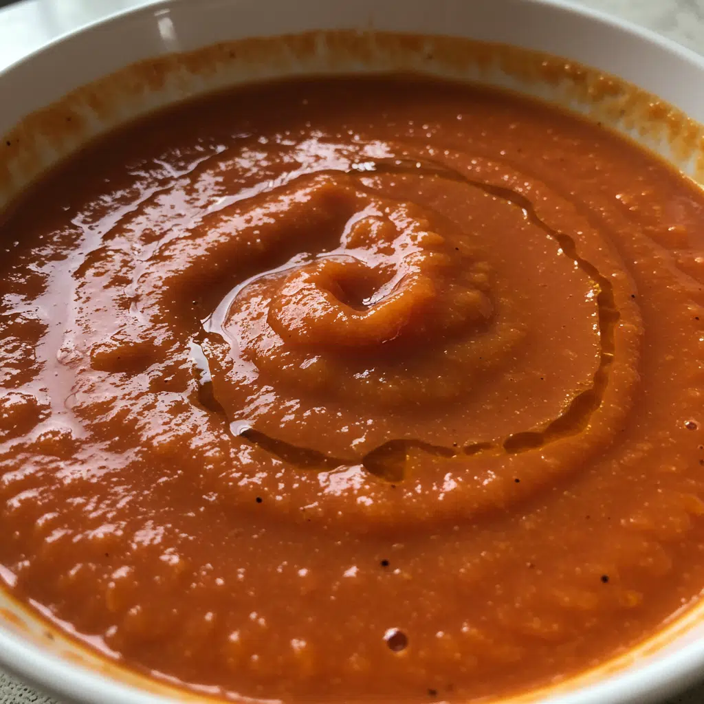 Roasted Garlic Tomato Soup 7 A bowl of creamy roasted garlic tomato soup garnished with fresh herbs and black pepper, served alongside crusty bread on a rustic wooden table.