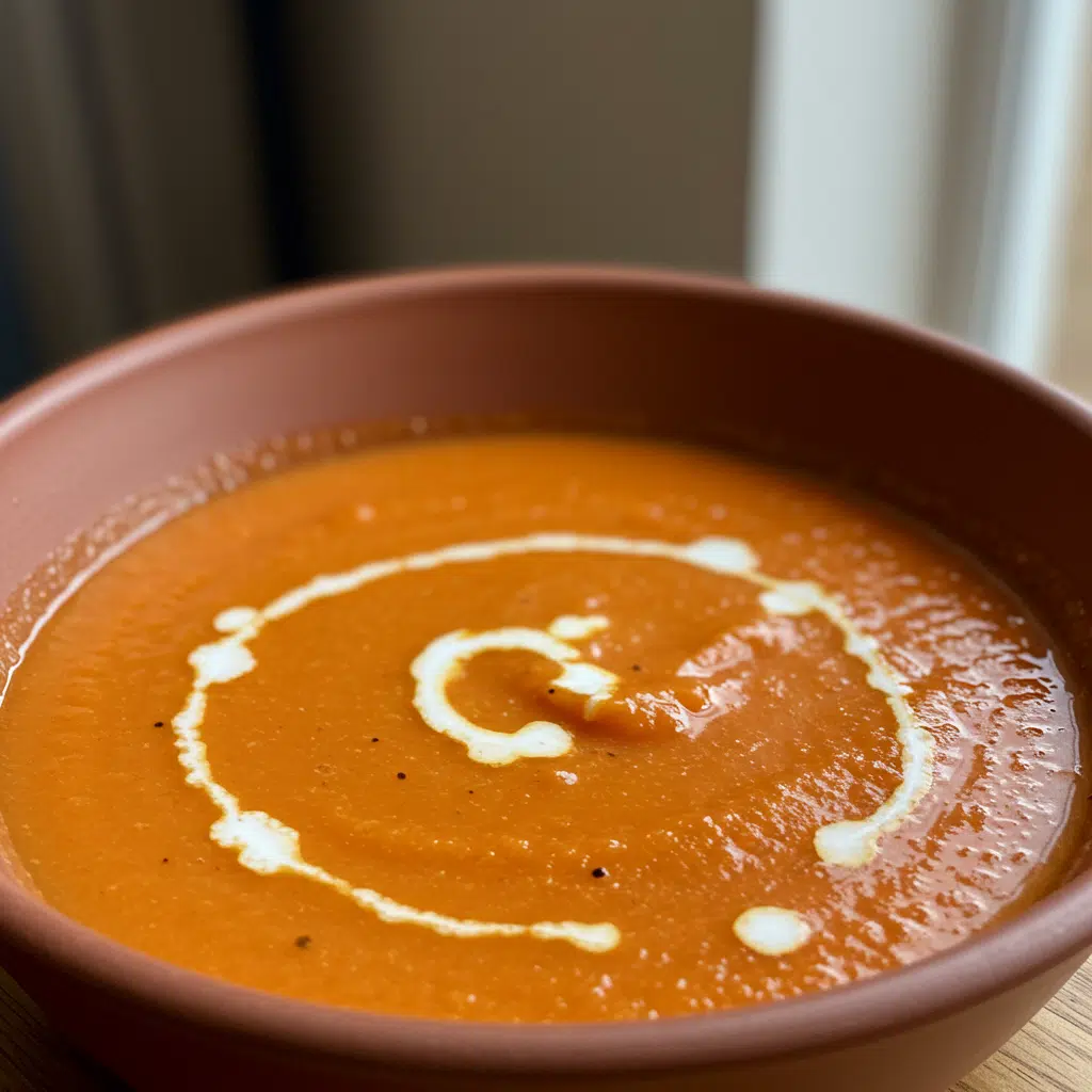 Roasted Garlic Tomato Soup 8 A bowl of creamy roasted garlic tomato soup garnished with fresh herbs and black pepper, served alongside crusty bread on a rustic wooden table.