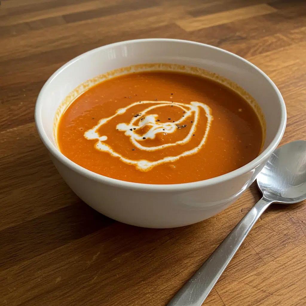 Home Page 29 A bowl of creamy roasted garlic tomato soup garnished with fresh herbs and black pepper, served alongside crusty bread on a rustic wooden table.