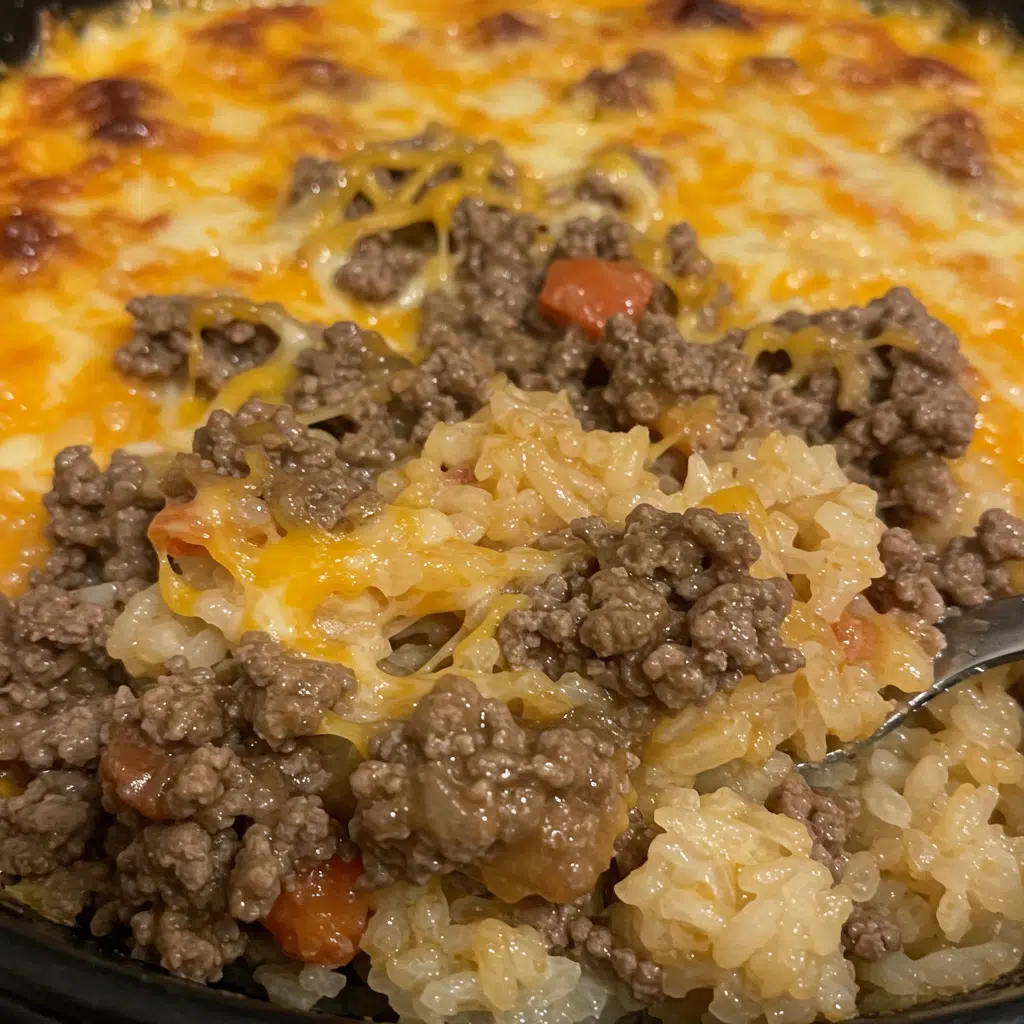 Ground Beef Rice Casserole 8 Baked ground beef and rice casserole topped with melted cheese