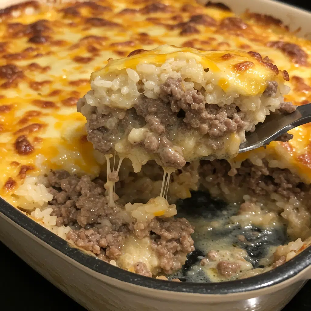 Ground Beef Rice Casserole 7 Baked ground beef and rice casserole topped with melted cheese