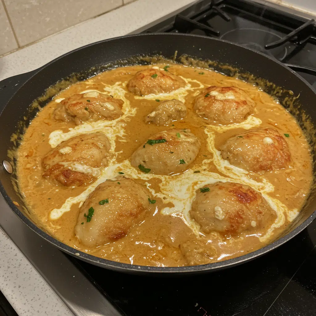 Home Page 25 Skillet of Texas Roadhouse style butter chicken topped with creamy sauce