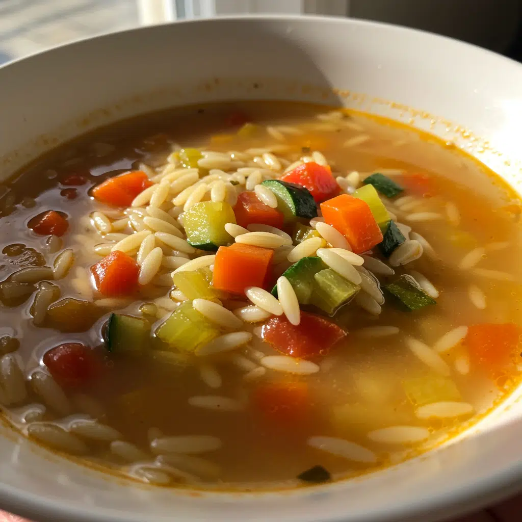 Easy Orzo Vegetable Soup 6 Bowl of homemade orzo vegetable soup with visible pasta, chickpeas, white beans, carrots, and green kale in clear vegetable broth, served with crusty bread