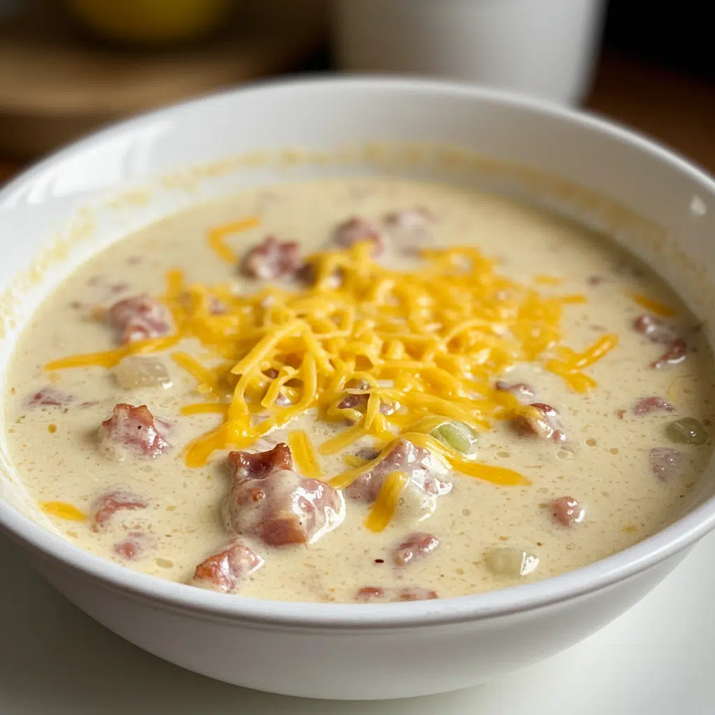 Home Page 18 Bowl of creamy Reuben soup topped with rye croutons and melted Swiss cheese