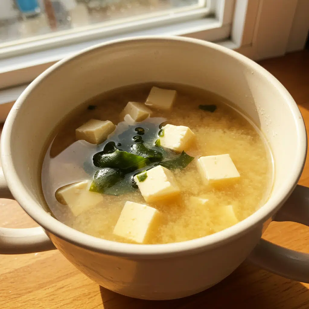 Quick and Cozy Mug Miso Soup 8 Warm mug of miso soup with tofu cubes, seaweed, and green onions