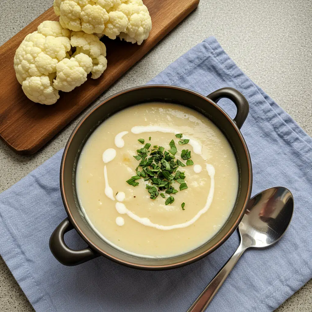 Home Page 15 Creamy cauliflower soup served in a bowl with herbs on top