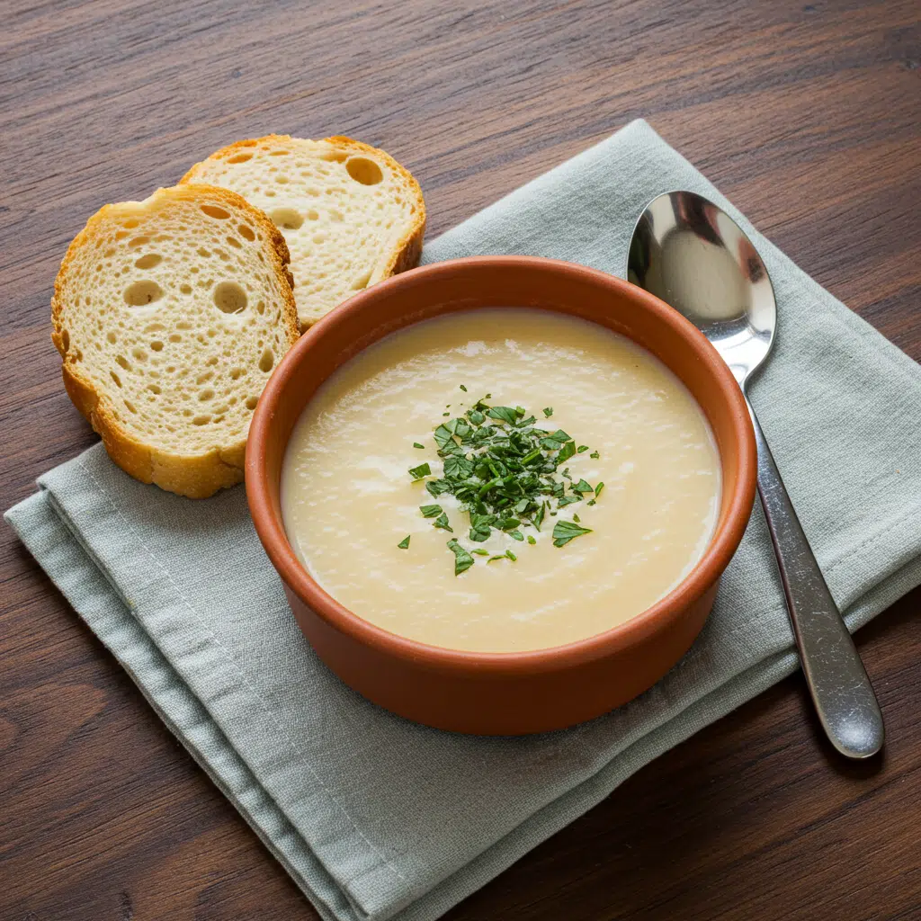 Creamy Cauliflower Soup 6 Creamy cauliflower soup served in a bowl with herbs on top