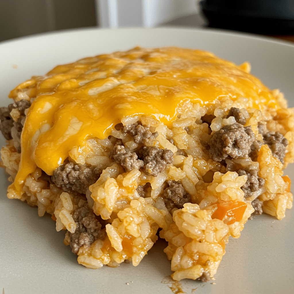 Baked cheesy hamburger rice casserole topped with melted golden cheese