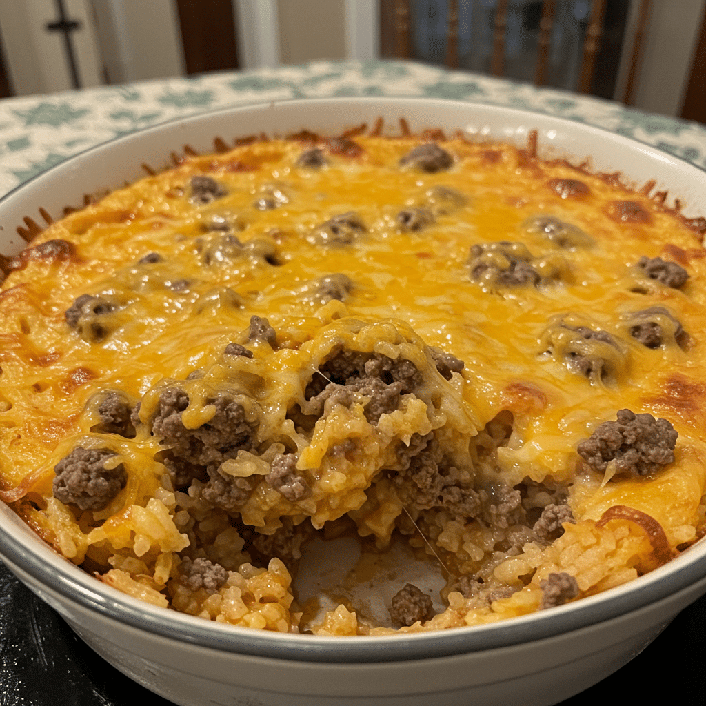 Baked cheesy hamburger rice casserole topped with melted golden cheese