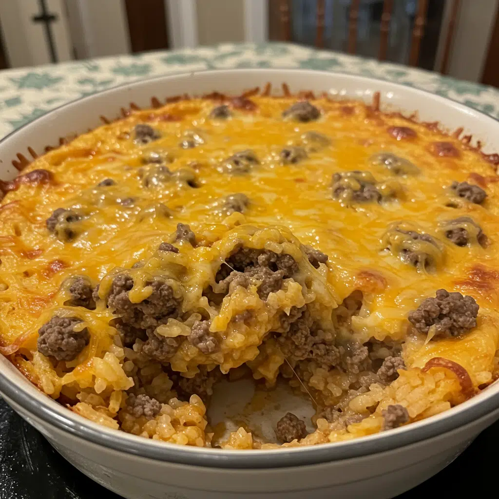 Baked cheesy hamburger rice casserole topped with melted golden cheese