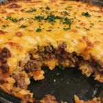 Baked cheesy hamburger rice casserole topped with melted golden cheese