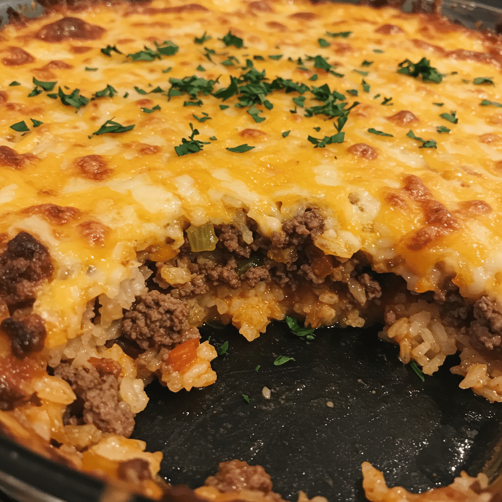Baked cheesy hamburger rice casserole topped with melted golden cheese