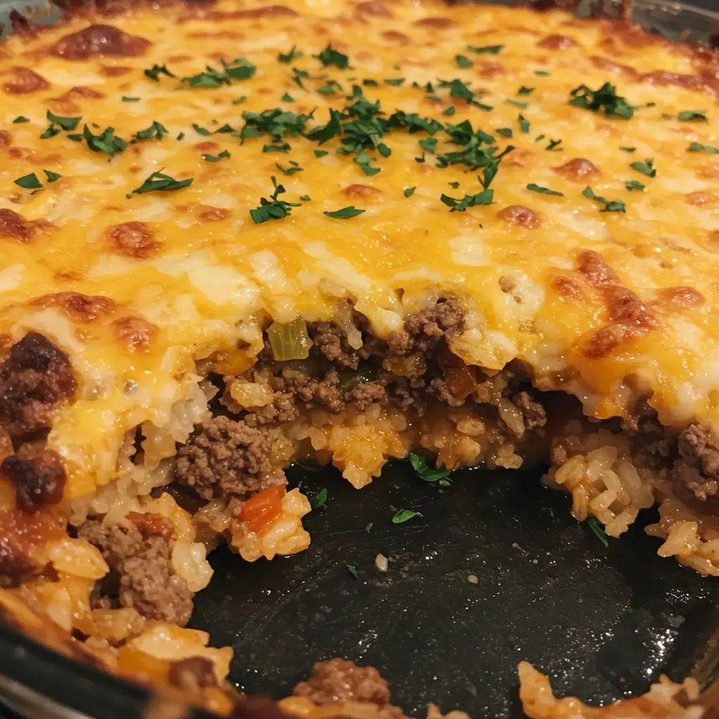 Home Page 14 Baked cheesy hamburger rice casserole topped with melted golden cheese