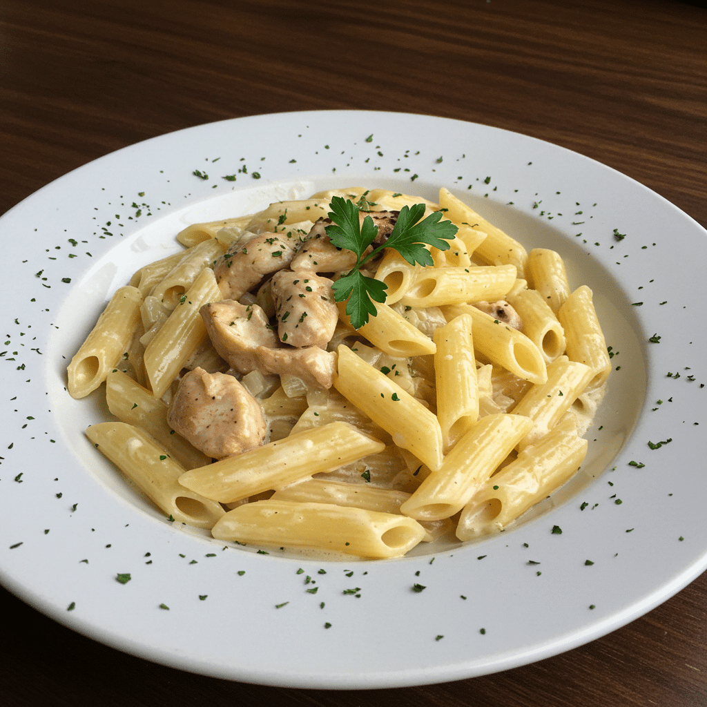 Creamy garlic parmesan chicken pasta topped with parsley in a bowl