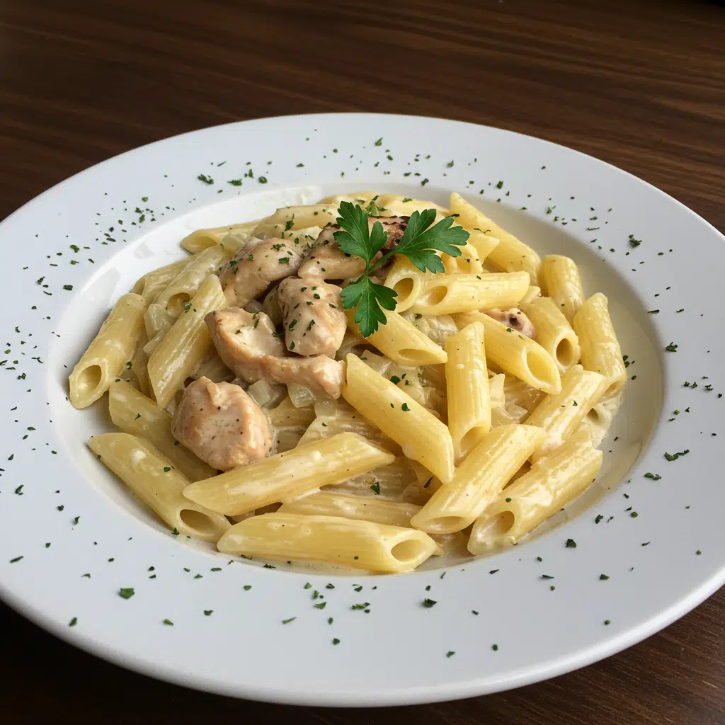 Garlic Parmesan Chicken Pasta 6 Creamy garlic parmesan chicken pasta topped with parsley in a bowl