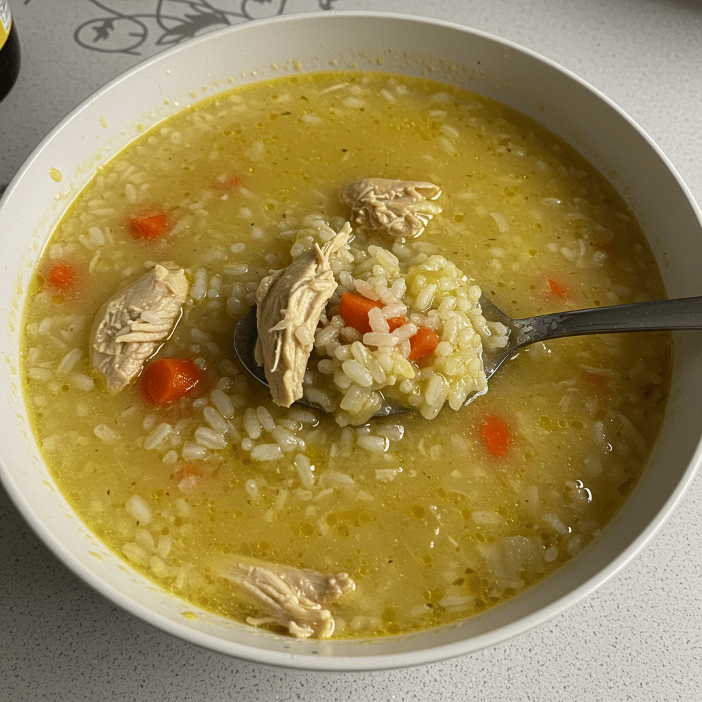 Bowl of chicken and rice soup with carrots, celery, and herbs