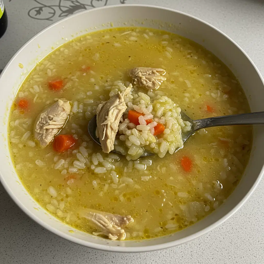 Home Page 12 Bowl of chicken and rice soup with carrots, celery, and herbs