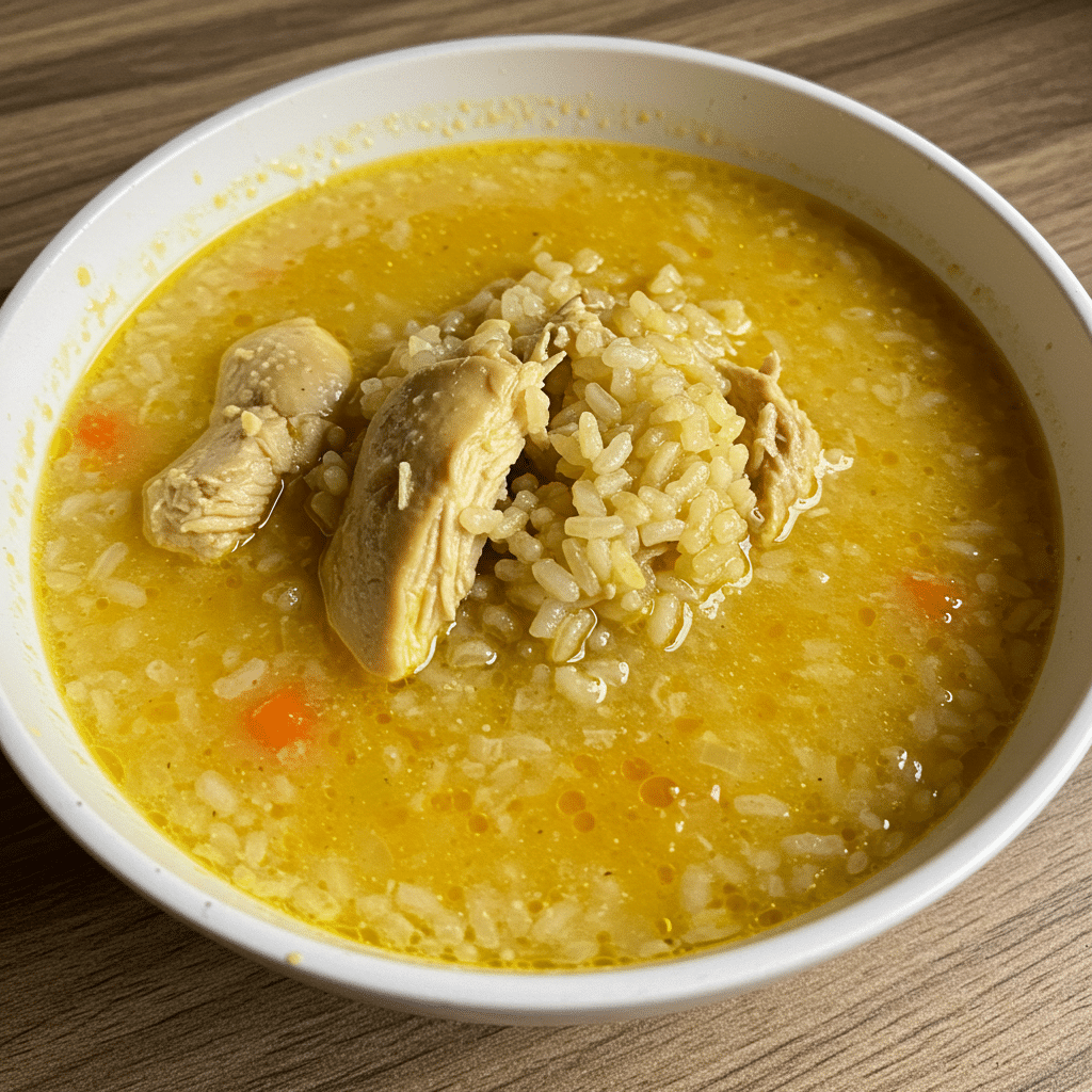 Bowl of chicken and rice soup with carrots, celery, and herbs