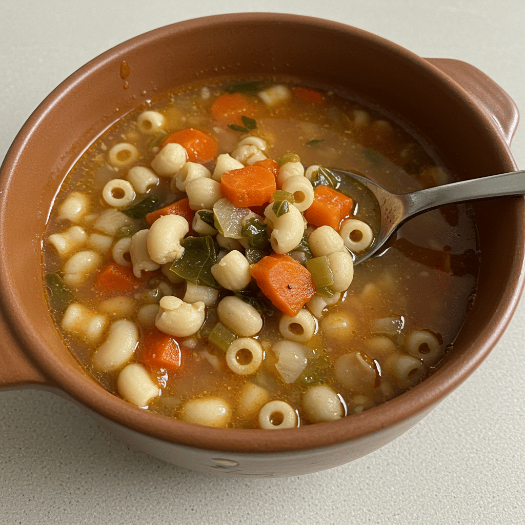 Bowl of classic minestrone soup with vegetables, beans, and pasta