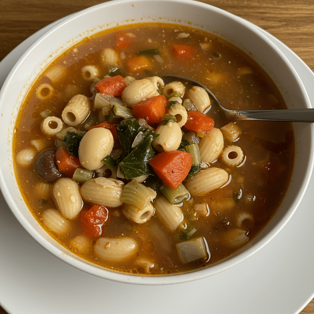 Bowl of classic minestrone soup with vegetables, beans, and pasta