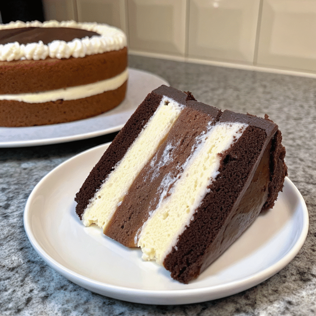 Elegant chocolate tuxedo cake with dark and white chocolate layers