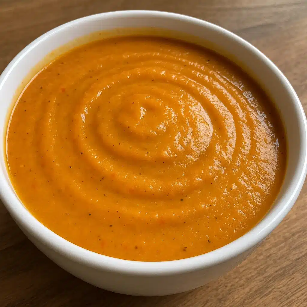 Roasted Vegetable Soup 6 A bowl of creamy orange roasted vegetable soup garnished with colorful roasted vegetables, fresh thyme, and grated Parmesan cheese, photographed from above on a rustic wooden table.