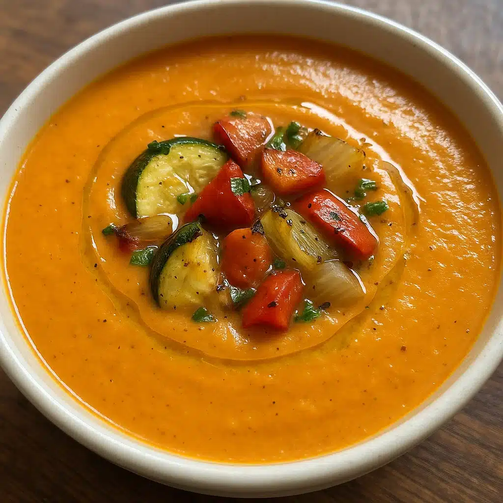 Home Page 24 A bowl of creamy orange roasted vegetable soup garnished with colorful roasted vegetables, fresh thyme, and grated Parmesan cheese, photographed from above on a rustic wooden table.