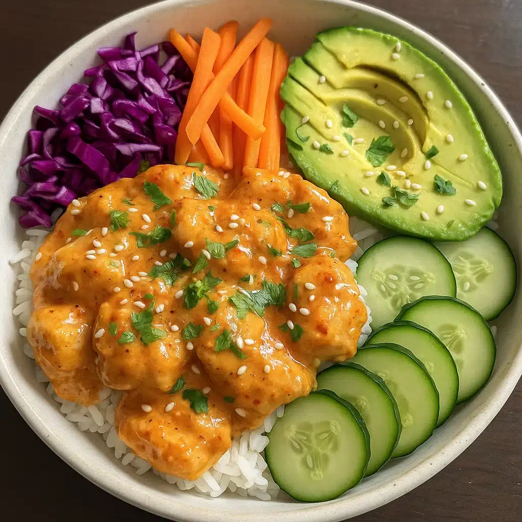 Cozy Bang Bang Chicken Bowl 6 Bang Bang chicken bowl with crispy chicken, rice, and creamy spicy sauce