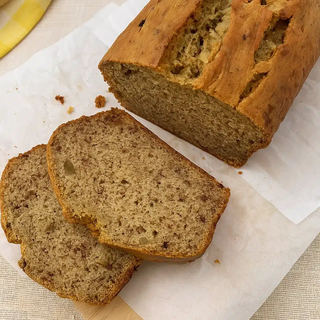 Home Page 32 Golden brown banana bread loaf sliced on a wooden cutting board with fresh bananas and a vintage knife nearby