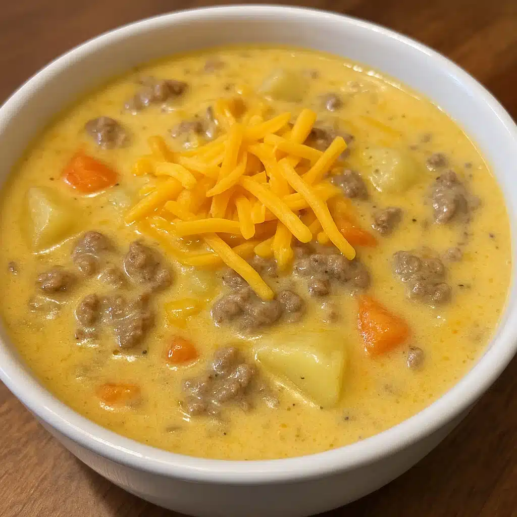 Crockpot Cheeseburger Soup 4 Bowl of creamy crockpot cheeseburger soup with ground beef and potatoes