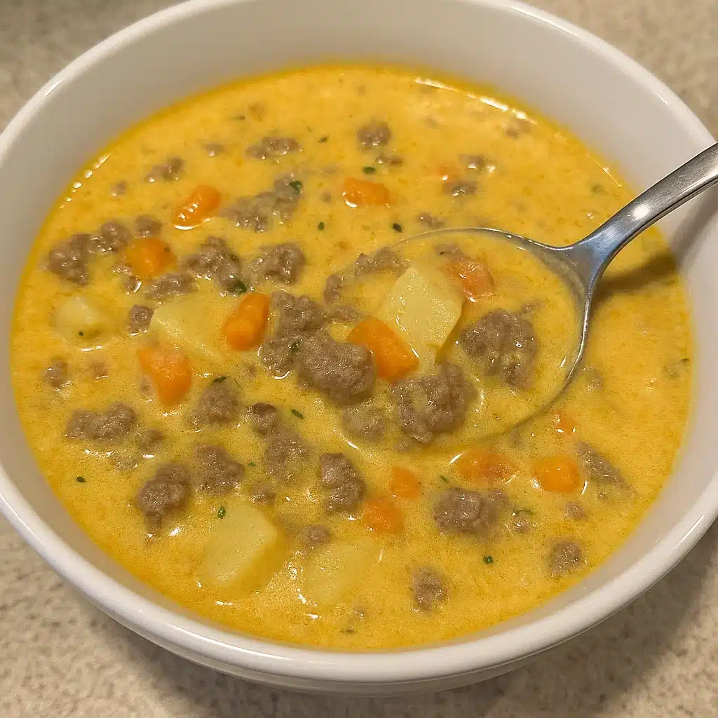 Home Page 20 Bowl of creamy crockpot cheeseburger soup with ground beef and potatoes