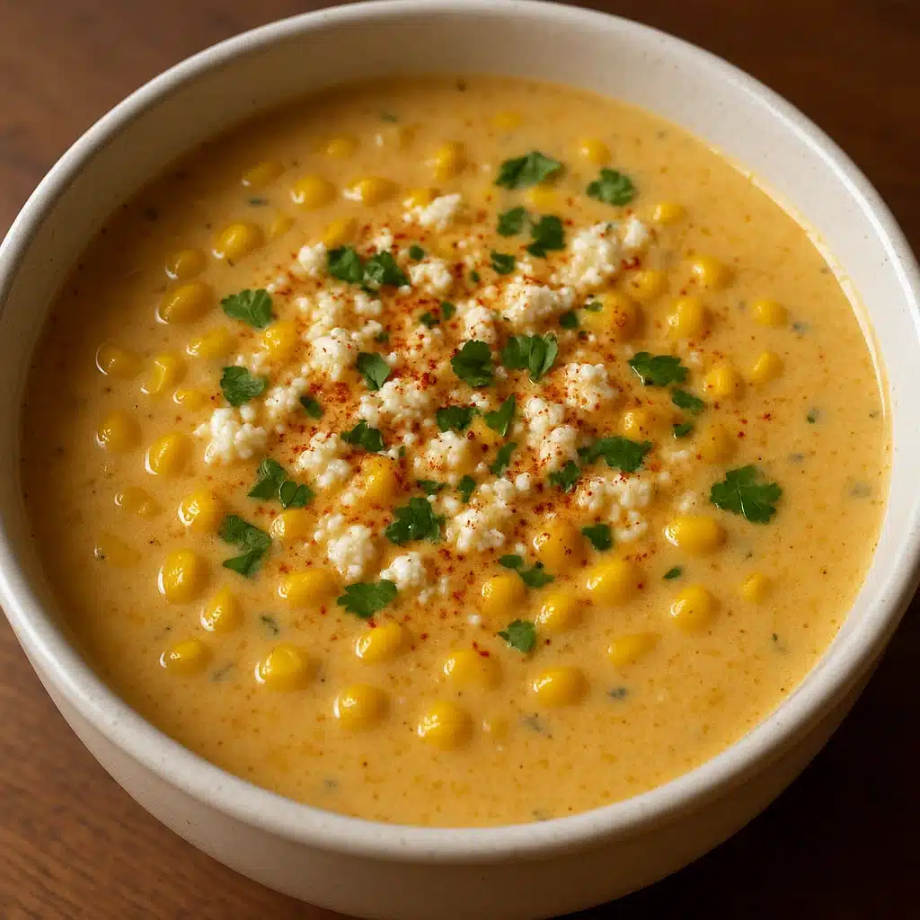 Home Page 21 Creamy Mexican street corn soup topped with cotija cheese and cilantro