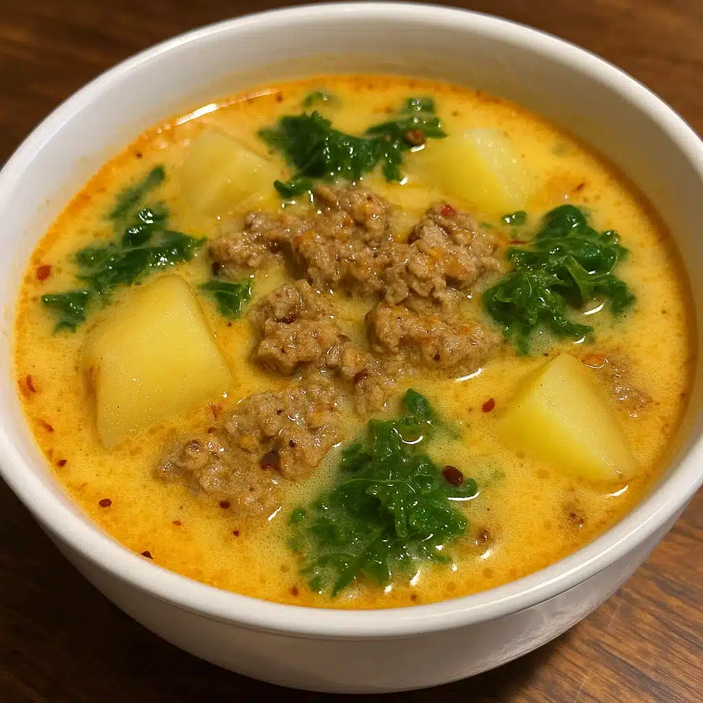 Italian sausage and potato soup 7 Bowl of Italian sausage and potato soup with kale in a creamy broth