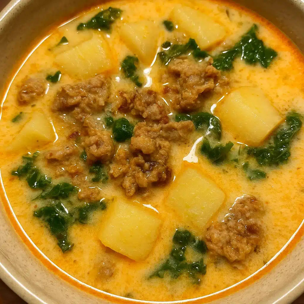 Italian sausage and potato soup 5 Bowl of Italian sausage and potato soup with kale in a creamy broth