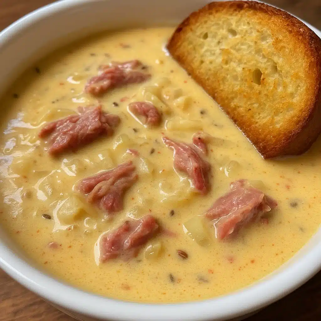 Creamy Reuben Soup 6 Bowl of creamy Reuben soup topped with rye croutons and melted Swiss cheese
