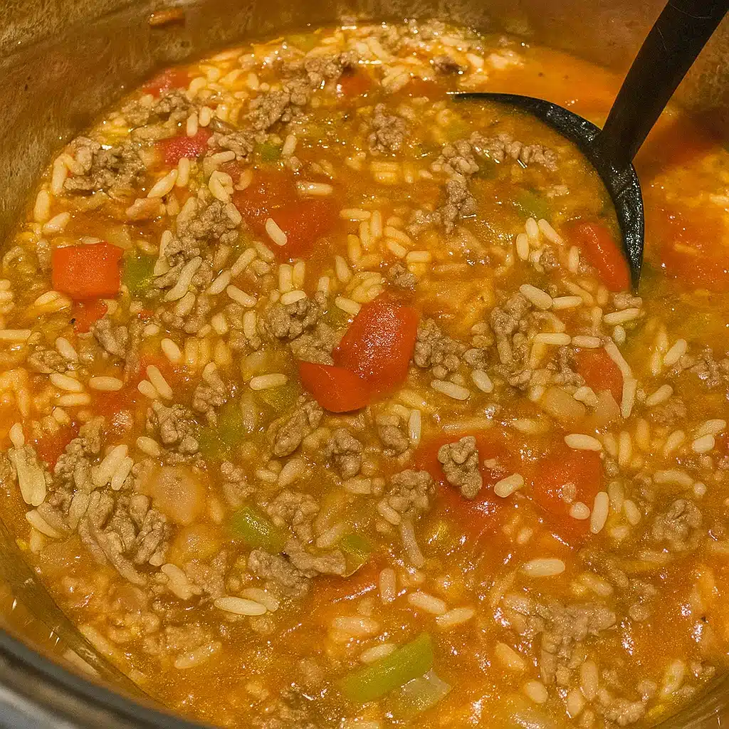 Home Page 17 Bowl of hearty stuffed pepper soup with ground beef, rice, and bell peppers