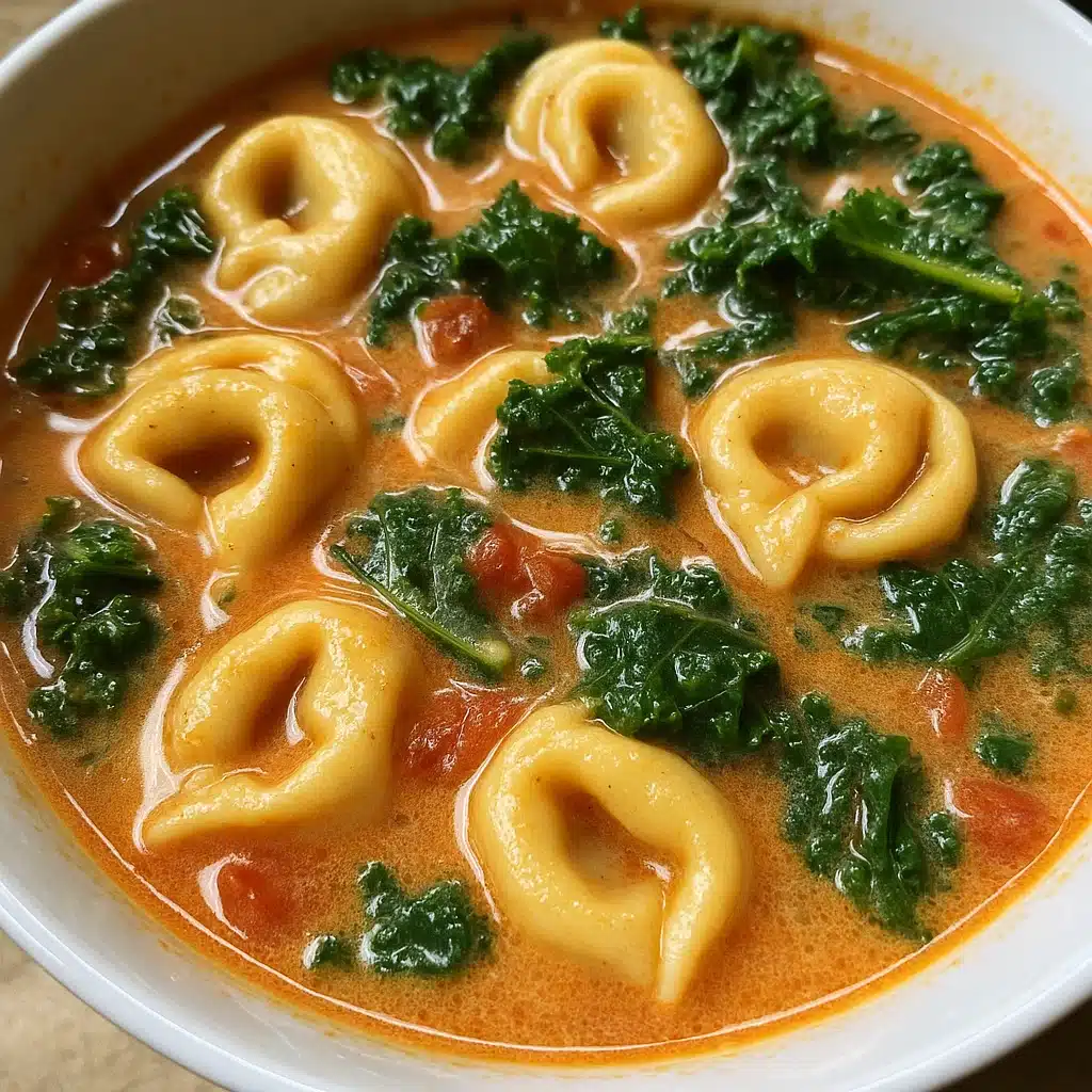 Cozy Tortellini Soup With Kale 6 Bowl of tortellini soup with kale and vegetables topped with green pesto and fresh herbs