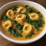 Cozy Tortellini Soup With Kale 5 Bowl of tortellini soup with kale and vegetables topped with green pesto and fresh herbs