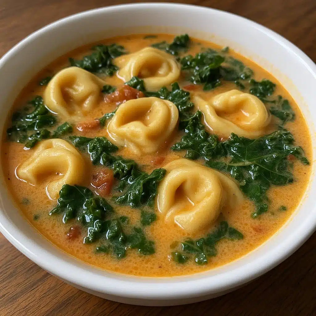 Home Page 23 Bowl of tortellini soup with kale and vegetables topped with green pesto and fresh herbs