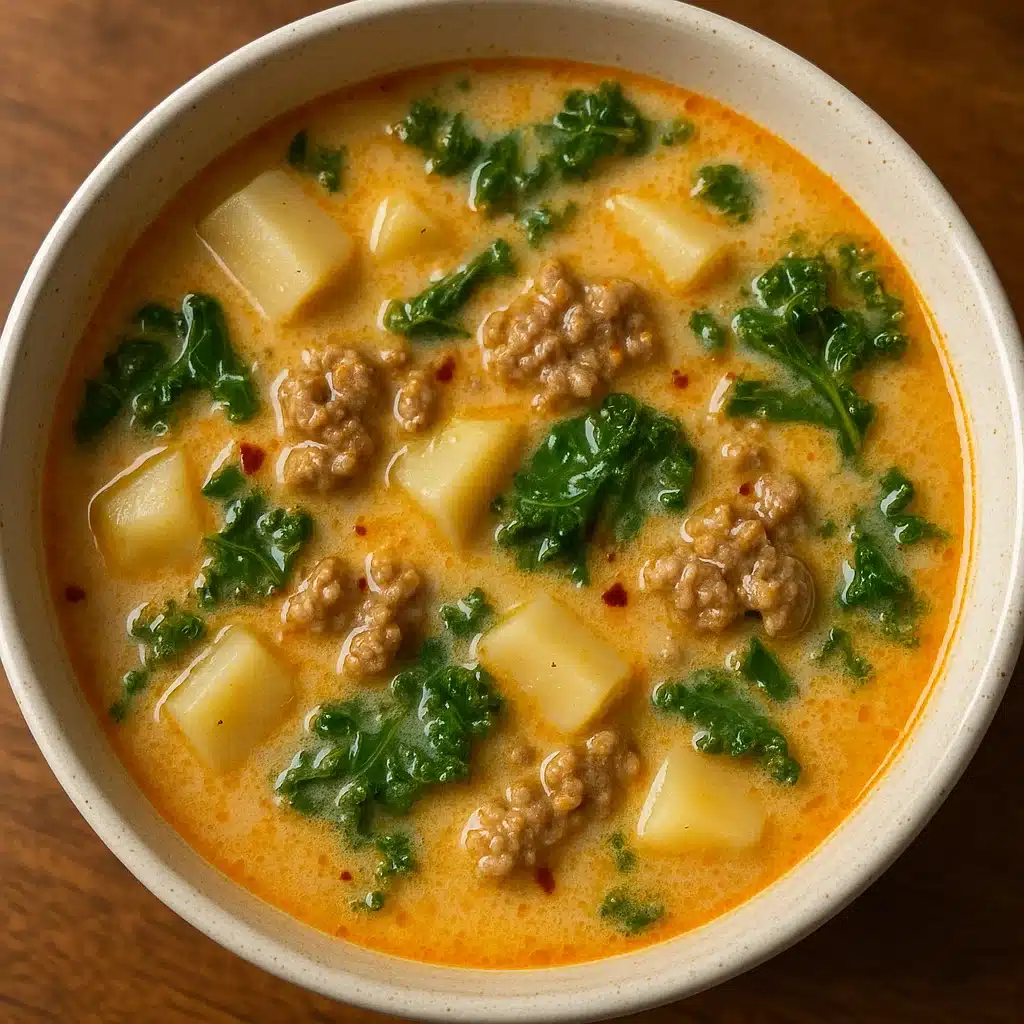 Home Page 19 Bowl of Italian sausage and potato soup with kale in a creamy broth